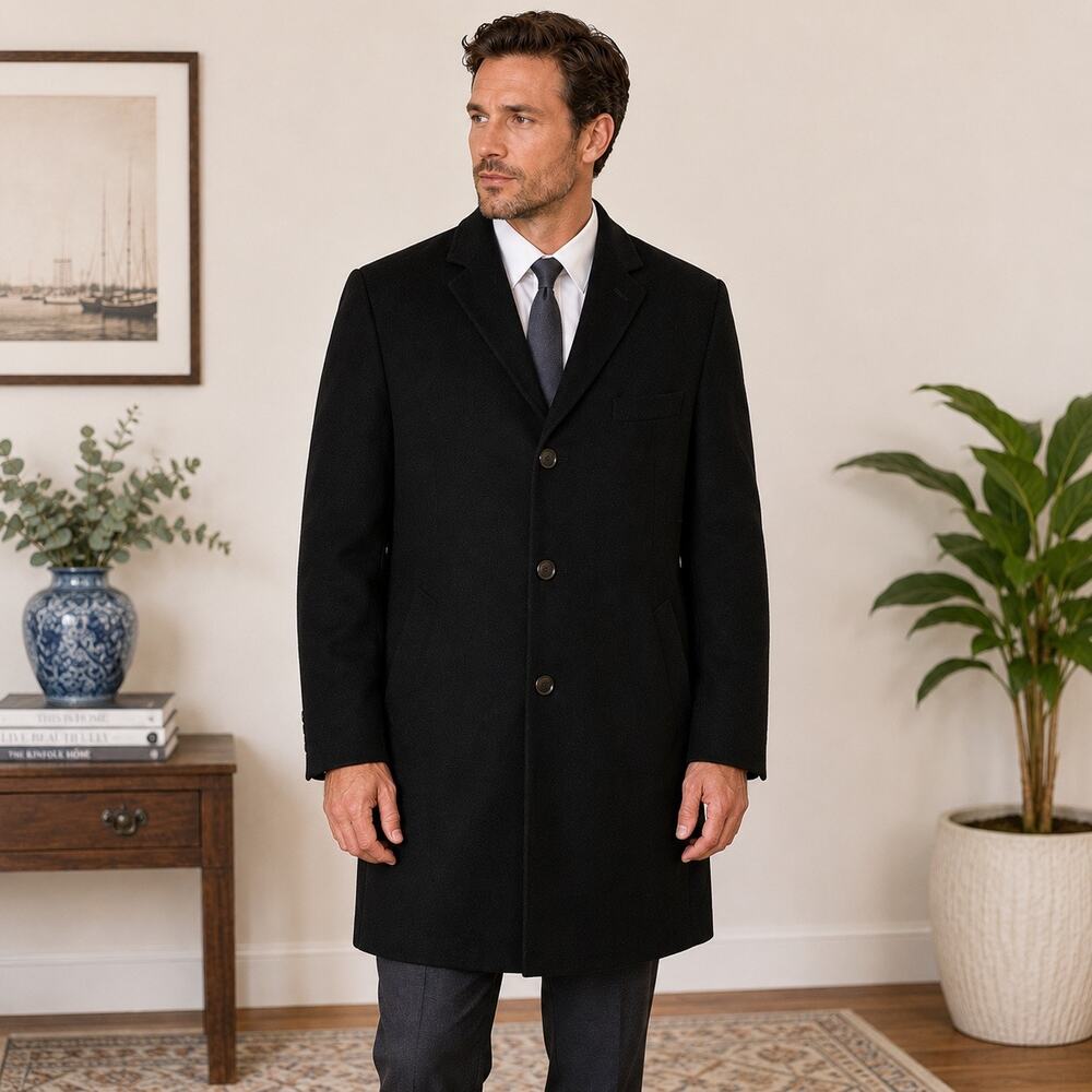 Viyella Mens Wool Blend Car Coat 46 Black Three Button Overcoat Blazer Jacket
